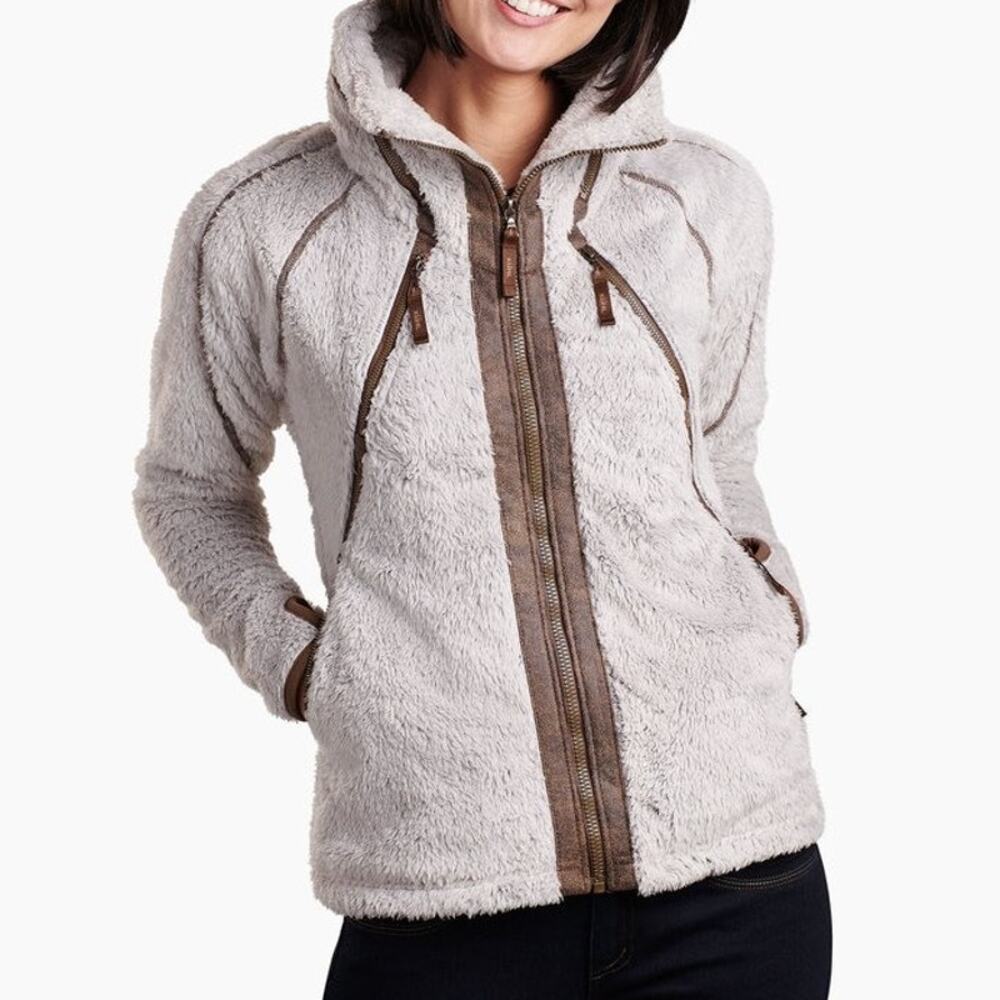 KÜHL (S) Flight Jacket Stone Teddy Faux Fur Fleece Full Zip Suede Trim Cozy